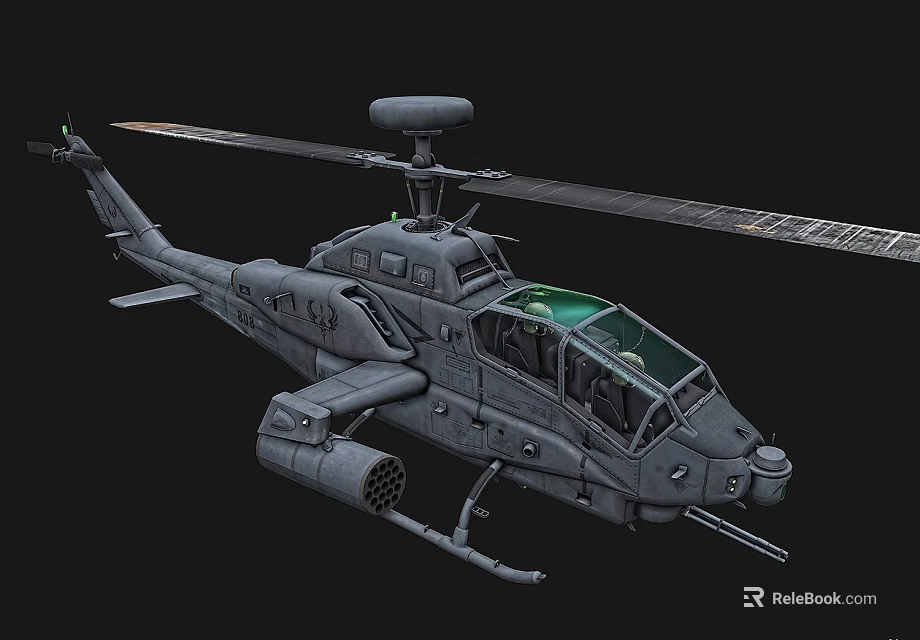 Gray Military Attack Helicopter With Rotors Machine Gun And Green Cockpit Windows 3d model 