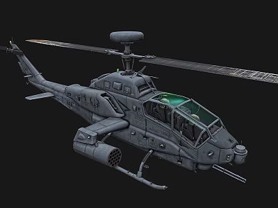 Gray Military Attack Helicopter With Rotors Machine Gun And Green Cockpit Windows 3d model