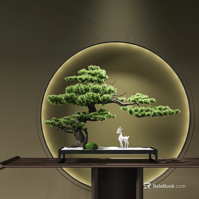 Artistic Bonsai Pine Tree with White Deer Figurine on Black Shelf and Circular Glowing Background 3d model 