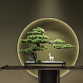 Artistic Bonsai Pine Tree with White Deer Figurine on Black Shelf and Circular Glowing Background
