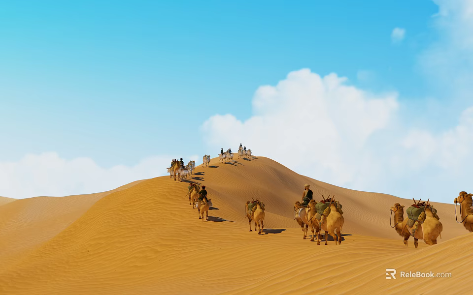 Desert Landscape With Camel Caravan On Sand Dunes Under Blue Sky And White Clouds 3d model 