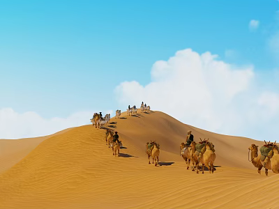 Desert Landscape With Camel Caravan On Sand Dunes Under Blue Sky And White Clouds 3d model