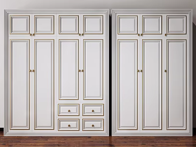 White Double Wardrobe with Golden Trim Handles Drawers and Classic Design 3d model