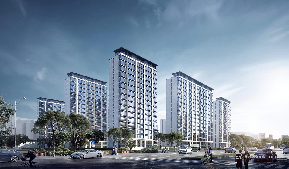 Multiple Modern High Rise Residential Buildings Along Tree Lined Street With Cars And Pedestrians 3d model 