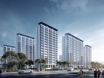 Multiple Modern High Rise Residential Buildings Along Tree Lined Street With Cars And Pedestrians 3d model