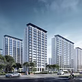 Multiple Modern High Rise Residential Buildings Along Tree Lined Street With Cars And Pedestrians