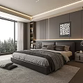 Modern Double Bed Bedroom With Gray Walls Forest View Nightstand Lamp And Decorative Painting