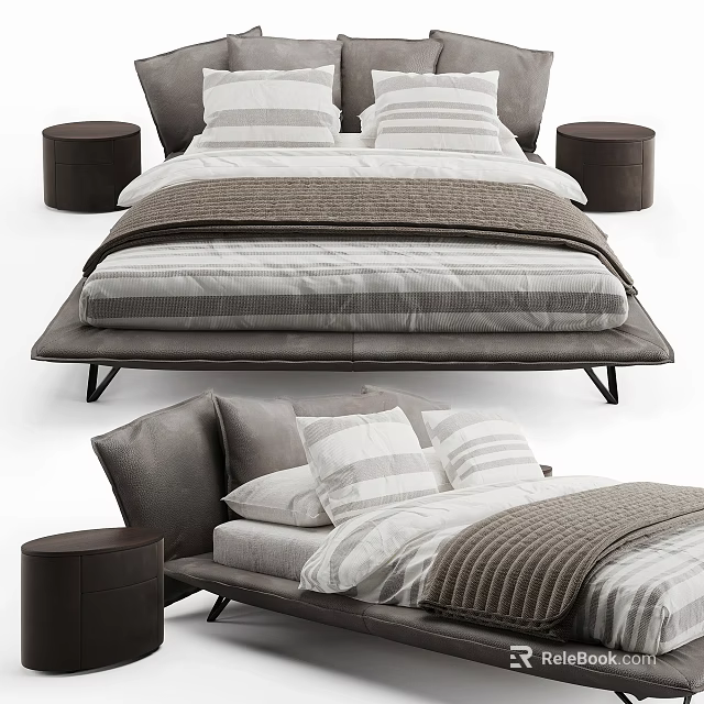 Contemporary Double Bed Featuring Gray White Bedding Round Leather Side Tables And Low Profile Frame 3d model