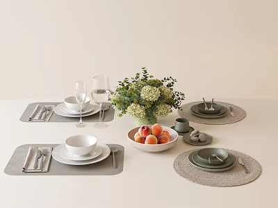 Modern Dinnerware Set with Placemats Fresh Peaches and Green Flowers on White Table 3d model