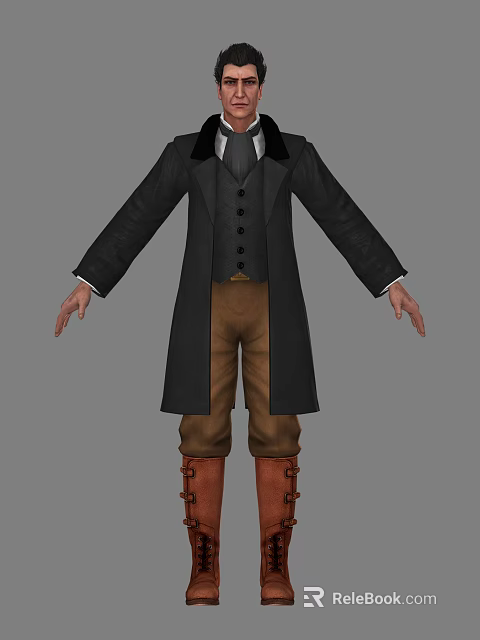 Man Wearing Black Long Coat Brown Pants Brown Boots And Vest Buttons 3d model 