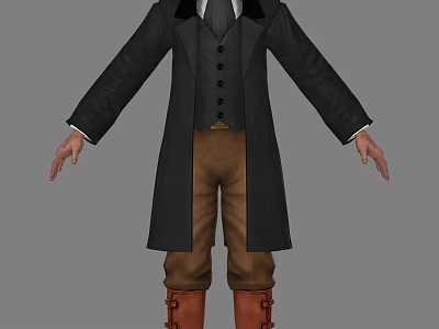 Man Wearing Black Long Coat Brown Pants Brown Boots And Vest Buttons 3d model