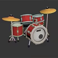 Professional Red Drum Set With Multiple Drums And Yellow Cymbals On Metal Stand