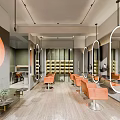 Beauty Hair Salon Modern Interior With Orange Chairs Round Mirrors Large Windows And Greenery View