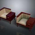 Classic Upholstered Armchairs With Wooden Side Tables Featuring Drawers And Armrests