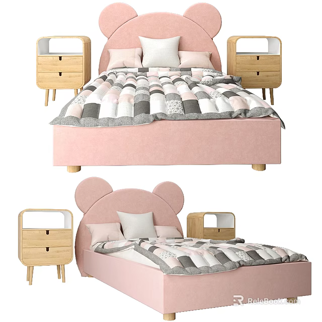 Cute Pink Bear Ear Headboard Double Bed With Wooden Nightstands And Plaid Quilt 3d model 
