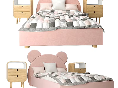 Cute Pink Bear Ear Headboard Double Bed With Wooden Nightstands And Plaid Quilt 3d model