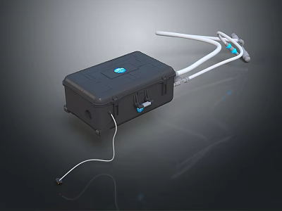 Portable Black Device Case With White Pipes Blue Logo And Wheels 3d model