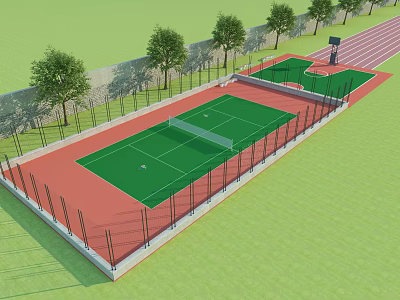 Outdoor Sports Facility with Green Tennis Court Red Track Basketball Hoop Trees and Fence 3d model