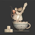 Adorable Decorative Mouse Standing On Ceramic Teacup Holding Biscuit And Sugar Cubes