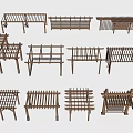 Various Wooden Pergola Designs With Grid Patterns And Bench Structures 3d model