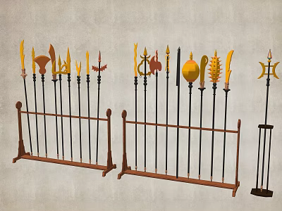 Traditional Decorative Weapons Displayed on Wooden Racks with Ornate Spearheads 3d model