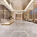 Luxurious Modern Hotel Lobby With Decorative Ceiling Reception Desk And Green Plants
