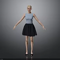 Woman In Blue Sleeveless Top Black Short Skirt And Black High Heels With Gray Background