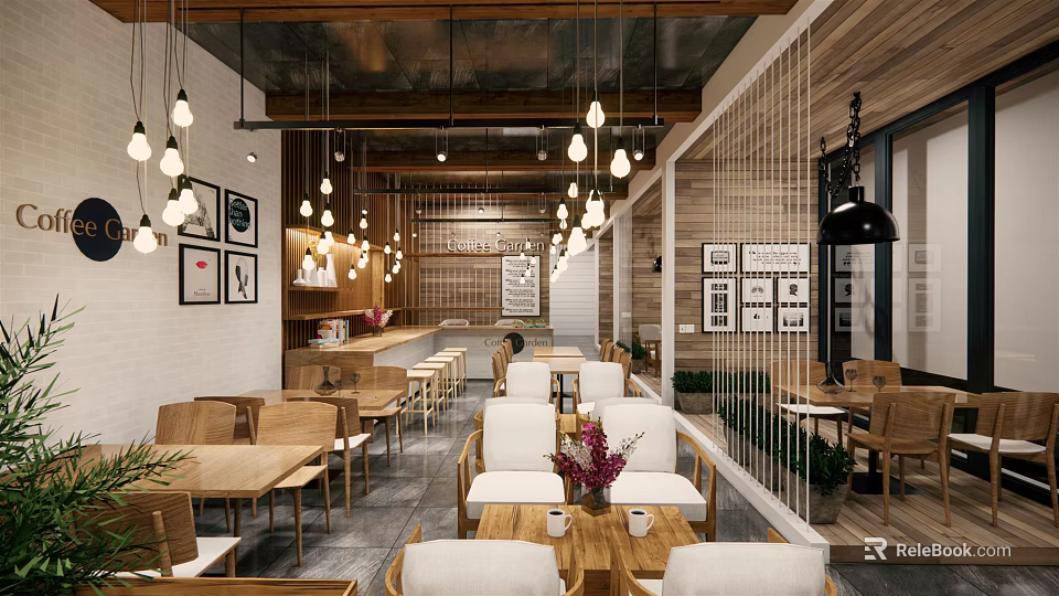 Cozy Modern Café Interior With Wooden Ceiling Hanging Pendant Lights And Decorative Wall Art 3d model 