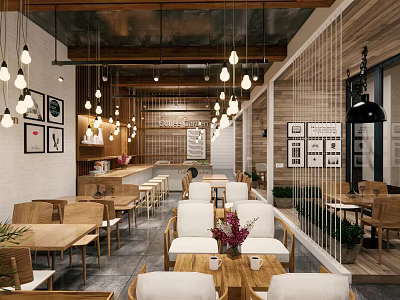 Cozy Modern Café Interior With Wooden Ceiling Hanging Pendant Lights And Decorative Wall Art 3d model