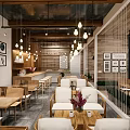 Cozy Modern Café Interior With Wooden Ceiling Hanging Pendant Lights And Decorative Wall Art