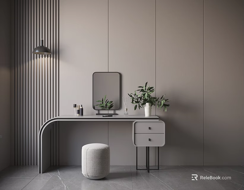 Modern Dressing Table with Rectangular Mirror Round Stool and Green Plants on Striped Wall Background 3d model 