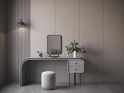 Modern Dressing Table with Rectangular Mirror Round Stool and Green Plants on Striped Wall Background 3d model