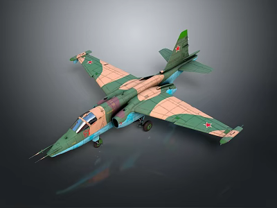 Military Attack Aircraft Featuring Green Brown Camouflage Paint and Red Star Insignia on Gray Background 3d model