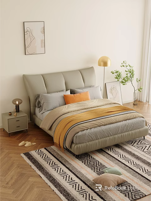 Modern Double Bed with Gray Upholstered Headboard Gray Orange Pillows Yellow Blanket and Floor Lamp 3d model 