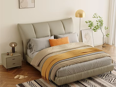 Modern Double Bed with Gray Upholstered Headboard Gray Orange Pillows Yellow Blanket and Floor Lamp 3d model