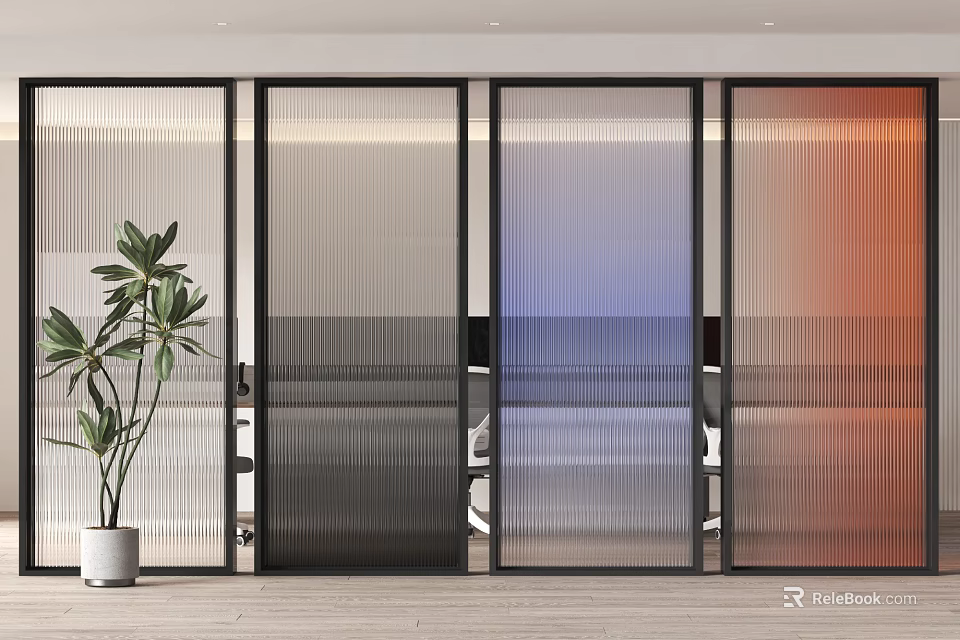 Modern Glass Partition With Gradient Colors And Black Frames In Office Space 3d model 