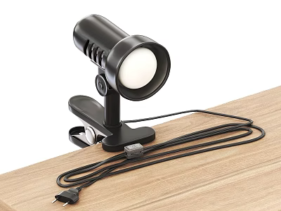 Black Clip On Desk Lamp With Adjustable Head And White Bulb On Wooden Table 3d model