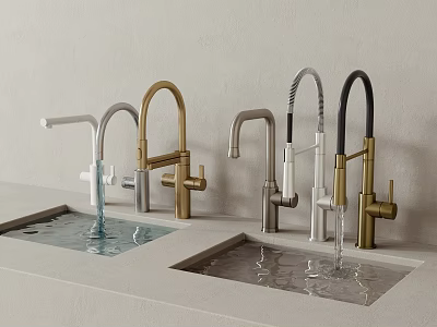 Various Stylish Faucets in Different Finishes Installed on Sink with Running Water 3d model