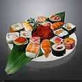 Assorted Sushi Platter With Salmon Shrimp And Green Leaf Decorations On White Plate