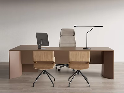 Modern Brown Office Desk With Computer Monitor Desk Lamp And Wooden Chairs 3d model