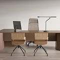 Modern Brown Office Desk With Computer Monitor Desk Lamp And Wooden Chairs