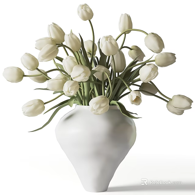 White Ceramic Vase With Fresh White Tulips And Green Stems 3d model 