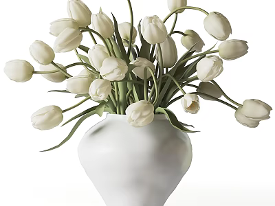 White Ceramic Vase With Fresh White Tulips And Green Stems 3d model