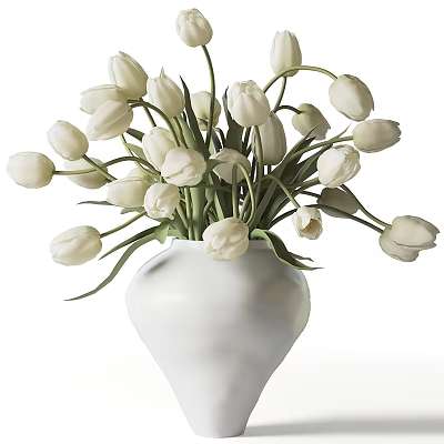 White Ceramic Vase With Fresh White Tulips And Green Stems 3d model