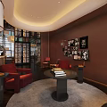 Luxurious Modern Lounge Interior With Red Armchairs Dark Sofas Round Coffee Table And Large Windows 3d model