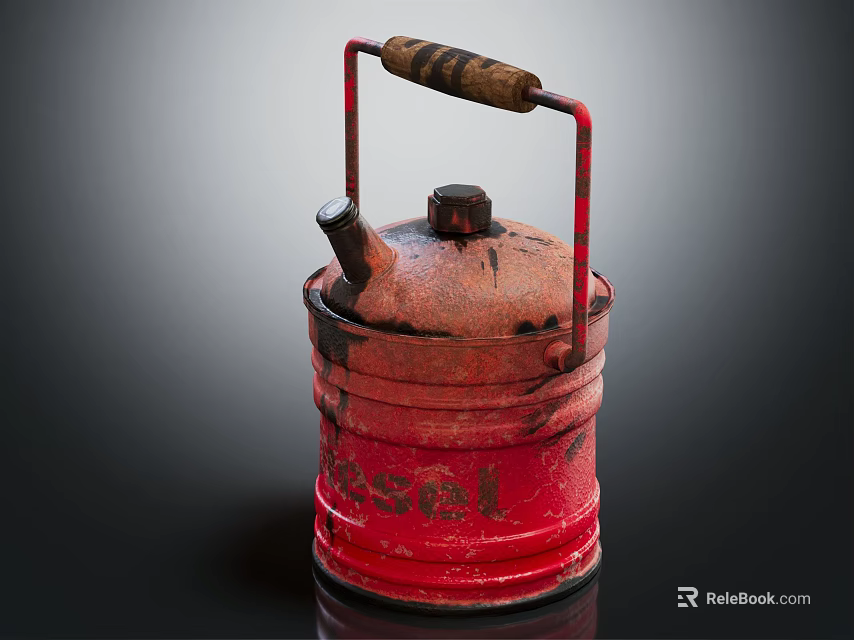 Vintage Red Diesel Can with Wooden Handle and Rusty Surface on Dark Background 3d model 