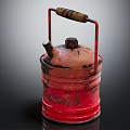 Vintage Red Diesel Can with Wooden Handle and Rusty Surface on Dark Background