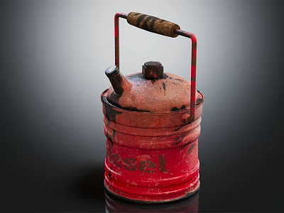Vintage Red Diesel Can with Wooden Handle and Rusty Surface on Dark Background 3d model