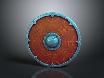 Round Wooden Shield With Blue Metal Rim Central Metal Boss And Rune Patterns 3d model