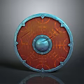 Round Wooden Shield With Blue Metal Rim Central Metal Boss And Rune Patterns